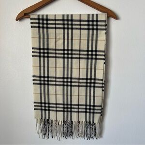 100% CASHMERE Scarf Scotland Tartan Cream Check Fringe Classic Plaid Scarf Stone